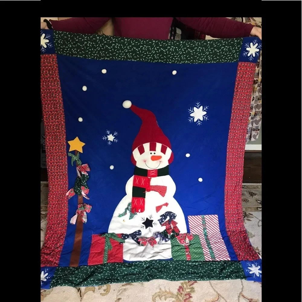 Rare Vintage 1970’s Handmade Snowman Holiday Quilt 4 Feet Tall